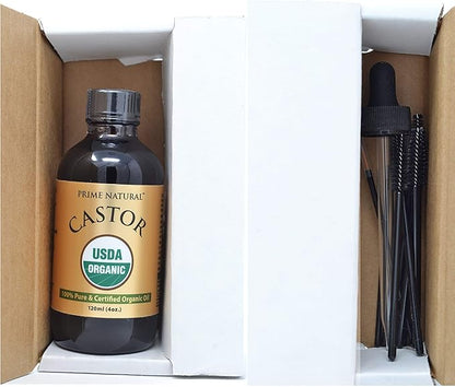 PRIME NATURAL Organic Hemp Seed Oil & Organic Castor Oil - Cold Pressed, Virgin, Unrefined - 4oz/120ml Each - 2 Oil Bundle