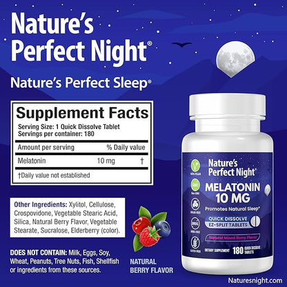 Nature's Perfect Night | Melatonin 10mg | 180 Quick Dissolve Tablets | Natural Mixed Berry Flavor |High Potency | Sugar Free | Vegan | Gluten Free | Value Size