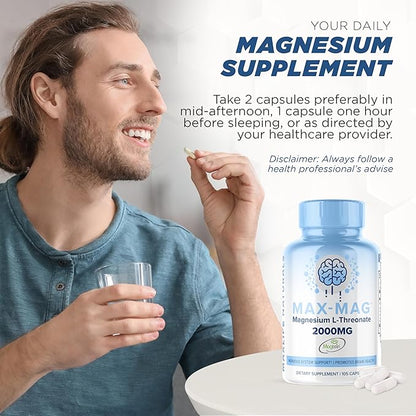 Max-Mag Magnesium L-Threonate Capsules - Magtein Magnesium L-Threonate 2000mg with Vitamin D3 and K2 for Brain, Sleep, & Mood – 105 Easy-to-Swallow Capsules