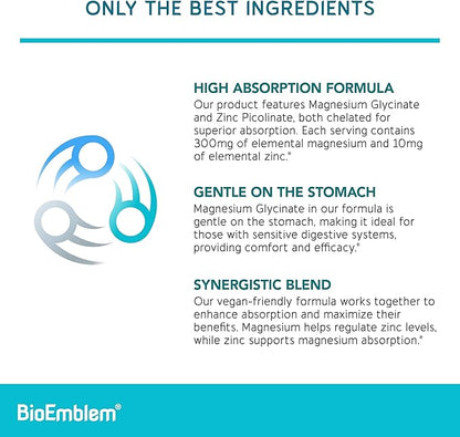 BioEmblem Magnesium Glycinate with Zinc - 300mg Chelated Magnesium Supplement - High Absorption Vegan Non-GMO 2-in-1 Complex - Immune Support, Muscles, Nerves - 90 Capsules