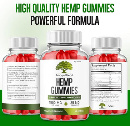 (2 Pack) Tranquil Blend Gummies with Hemp, Tranquil Blend Hemp Gummies Extra Strength Formula Maximum Performance Blend Tranquil Blend Gummy Great Taste 1500mg Bottle, 25mg Per Gummy (120 Gummies)