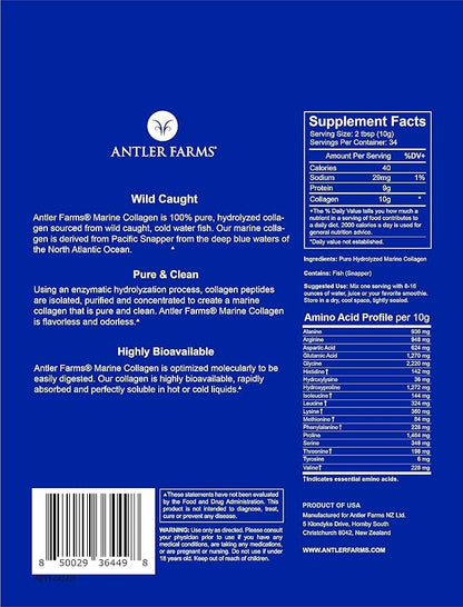 Antler Farms - 100% Pure, Clean Marine Collagen Powder from Wild Caught Pacific Snapper, 12 oz – Soluble in Hot or Cold Liquids, Highly Bioavailable, Rapid Absorption, No Taste or Smell