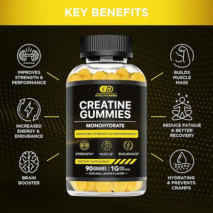 Creatine Monohydrate Gummies | 1g Per Gummy | Vegan Creatine Gummies Supplement for Men & Women | Strength, Muscle Growth, Energy, Endurance | Natural Lemon Flavor, Made in USA (90ct)