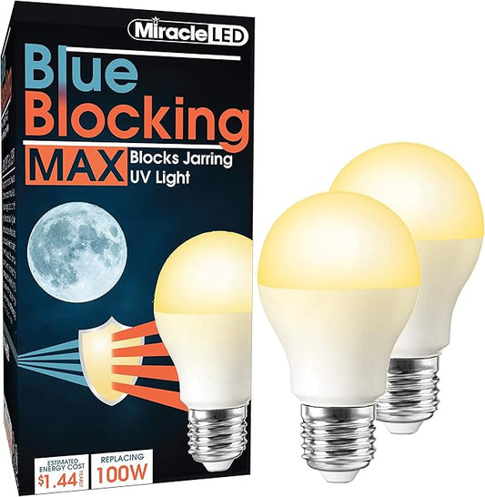 Miracle LED 12W Blue Blocking MAX Warm Yellow Sleep Bulb Replacing Up to 100W to Replicate Setting Sun and Produce Melatonin Organically (2-Pack), Amber Glow, 609019