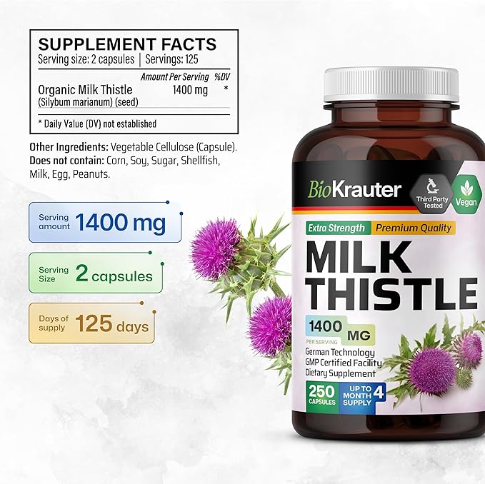 BIO KRAUTER Milk Thistle Capsules 1400 mg - 250 Count - Liver Detox & Cleanse Supplement - Vegan Silymarin Capsules - Milk Thistle Powder - Non GMO