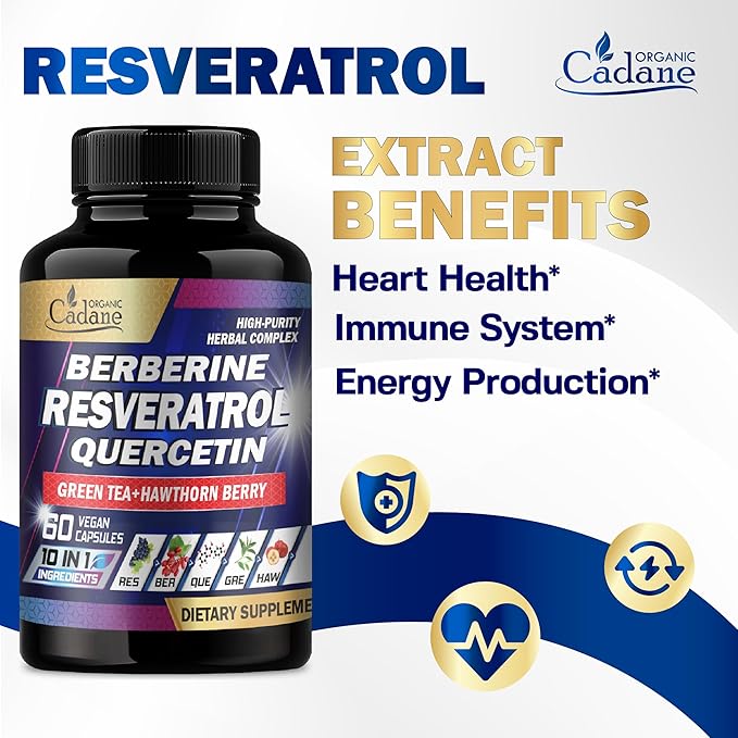 Organic Cadane Resveratrol Supplement - 10in1 Plus with Quercetin, Berberine, Green Tea, Grape Seed, Hawthorn Berry, Turmeric, Rhodiola Rosea, Ginkgo Biloba, and Black Pepper - 60 Capsules