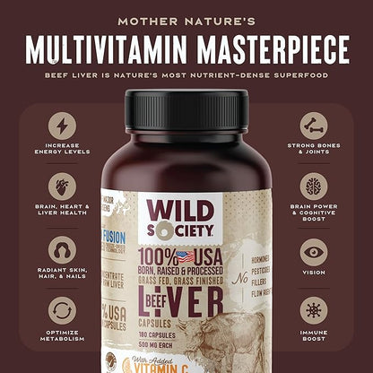 WILD SOCIETY - USA Grass Fed Beef Liver Capsules - 3000mg Max Strength for Energy, Stamina, Natural Detox, Hair & Nail - Non GMO, Allergen Free, Beef Liver Supplement - 180 Desiccated Capsules