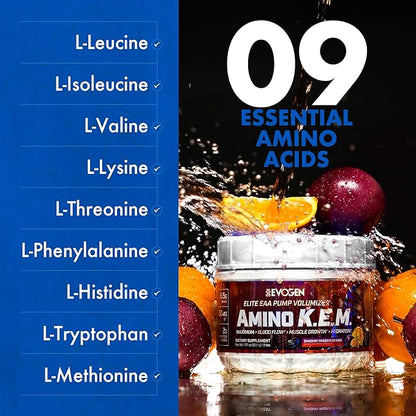 Evogen Amino KEM - Elite EAA Pump Volumizer | Supports Blood Flow, Muscle Growth, Hydration | Full Spectrum EAAs & BCAAs, S7 Nitric Oxide Blend | Smashin' Passion Orange | 30 Servings