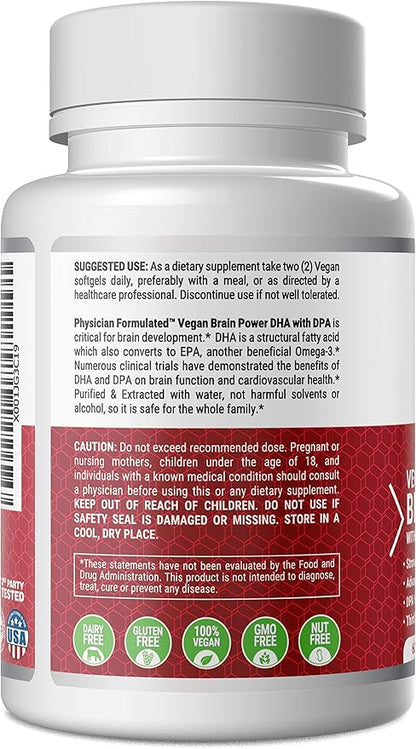 Vegan DHA for Brain and Prenatal 100% Algae Based Omega 3 Essential Fatty Acids with NO Carrageenan, NO Vegetable Oil Plus 2500mcg Astaxanthin