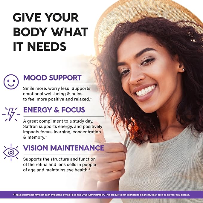 Natural Saffron Supplements - Pure Saffron Extract 88.5 mg - Made in USA - Mood | Focus | Vision | Energy Support - Eye Health for Women & Men - NonGMO Vegan Pills - 180 Powder Capsules