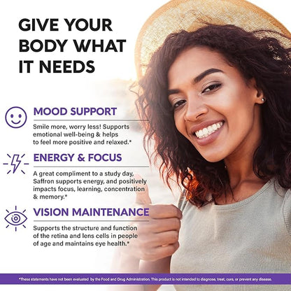 Natural Saffron Supplements - Pure Saffron Extract 88.5 mg - Made in USA - Mood | Focus | Vision | Energy Support - Eye Health for Women & Men - NonGMO Vegan Pills - 180 Powder Capsules