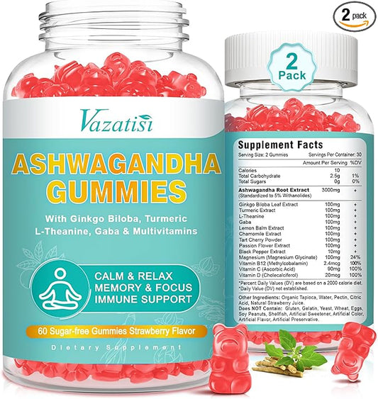 2 Pack Ashwagandha Gummies with Turmeric GABA Mood Energy and Immune Support, Strawberry Flavor 120 Cts