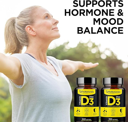 PhiNaturals Vitamin D3 1000iu Softgels Supplement Olive Oil Base 365 Gel Caps One Year Supply of VIT D, Vitamina D 3 1000 iu