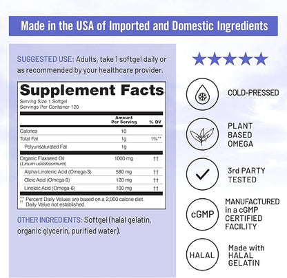 NatureWise Flaxseed Oil 1000 mg, Fish Free Omega 3 with 580 mg ALA, Dietary Supplement for Immune Health Support - Organic, Cold Pressed, Non-GMO - 120 Softgels[120-Day Supply]