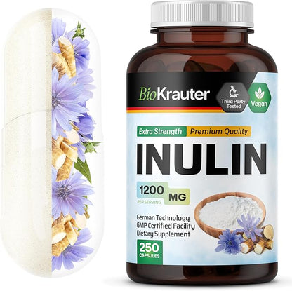 BIO KRAUTER Inulin Powder Capsules - 1200 mg Strength - 250 Count - Pure Soluble Fiber Supplements - Chicory Root Fiber Capsules for Digestive Support - Vegan