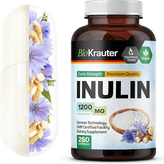 BIO KRAUTER Inulin Powder Capsules - 1200 mg Strength - 250 Count - Pure Soluble Fiber Supplements - Chicory Root Fiber Capsules for Digestive Support - Vegan