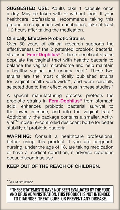Jarrow Formulas Fem-Dophilus Probiotics 1 Billion CFU With 2 Clinically Effective Strains, Dietary Supplement for Vaginal Health and Urinary Tract Health, 60 Veggie Capsules, 60 Day Supply