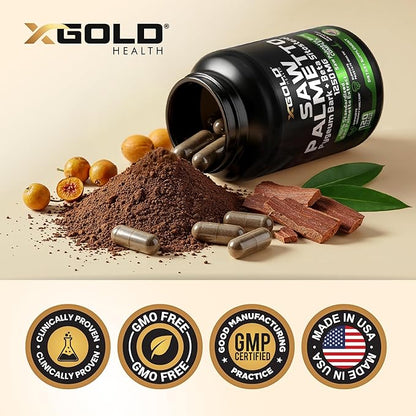 X Gold Health Saw Palmetto Prostate Supplement for Men | Pygeum Bark | Beta Sitosterol Supplement | Potent 3X Formula | Urinary Function Prostate | DHT Blocker Hair Growth | 4 Month Supply Male Pills