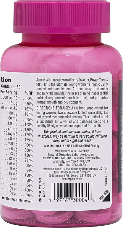 Natures Plus Power Teen for Her Chewable - 60 Vegetarian Tablets - Wild Berry - High Potency Multivitamin for Young Women - Hormone-Balancing - Sugar Free, Vegan, Gluten-Free - 30 Servings