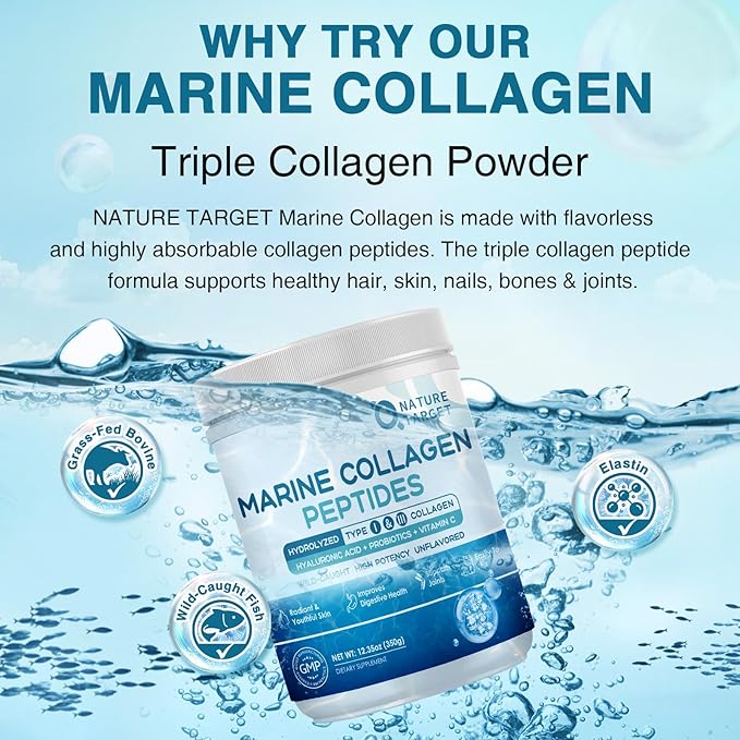 NATURE TARGET Marine Collagen Peptides Powder - Type I & III Collagen with Probiotics, Vitamin C & Hyaluronic Acid for Skin, Hair, Nails & Joint, Wild-Caught Fish & Grass-Fed Bovine, 35 Servings