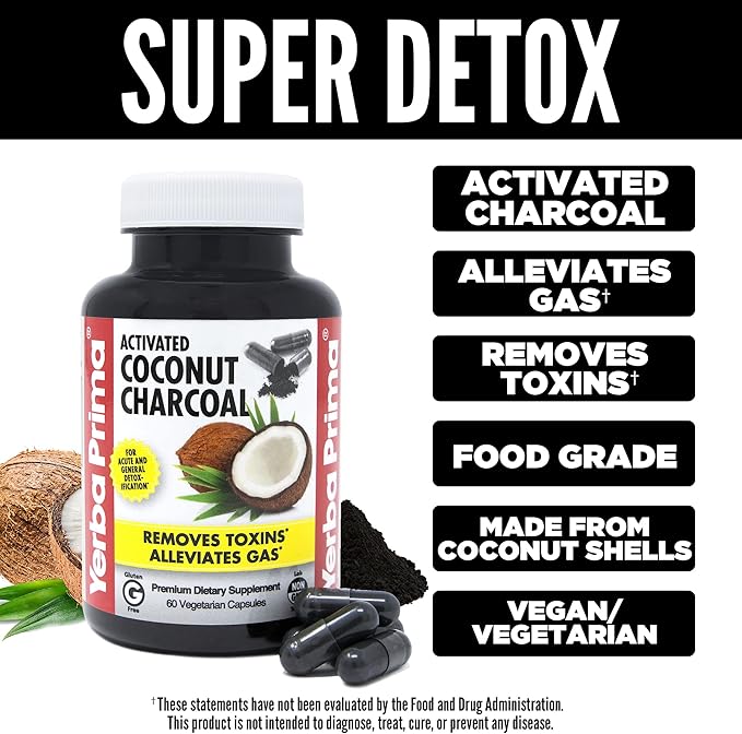 Yerba Prima Activated Coconut Charcoal, 60 Capsules - Natural Detox - Vegetarian, Vegan, Gluten Free, Non GMO