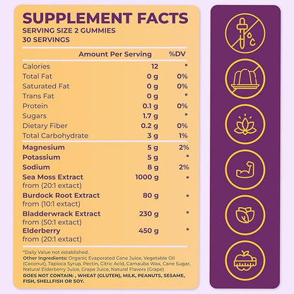 Sea Moss Elderberry Gummies for Adults & Kids - Magnesium, Burdock Root & Bladderwrack – Supports Immune, Boost Energy, Skin & Hair Health, Detox – Made in USA - 60 Vegan Gummies