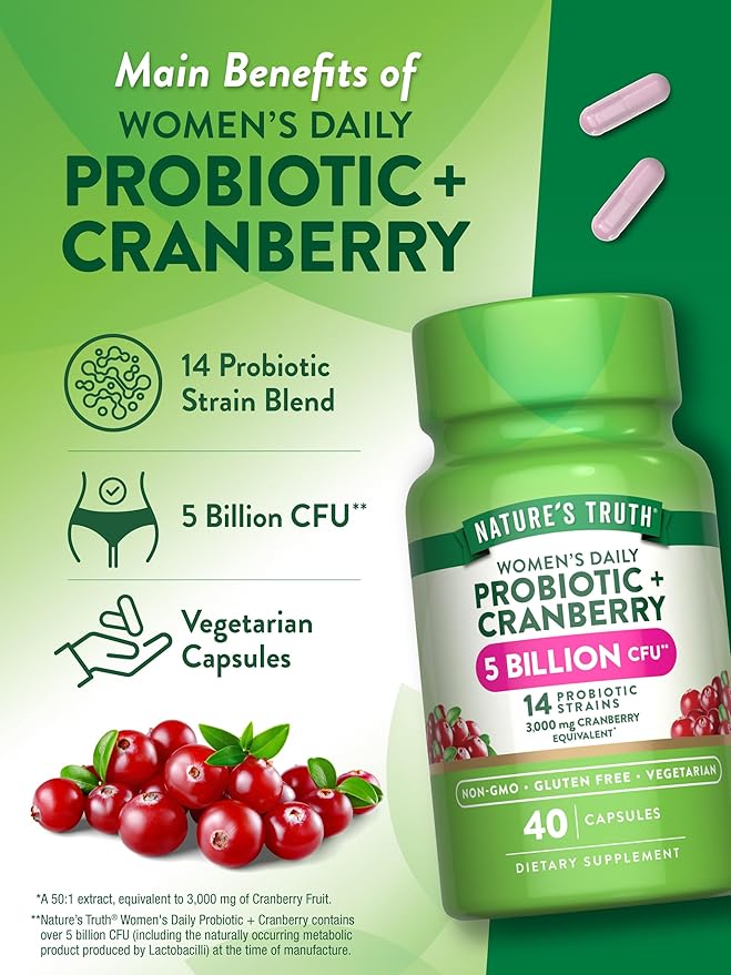 Nature's Truth Probiotics for Women | 5 Billion CFUs Daily | 40 Vegetarian Capsules | with Cranberry | Non-GMO & Gluten Free | No Refrigeration Needed