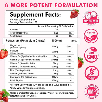 2 Pack Potassium Magnesium Gummies, High Absorption Magnesium Potassium Supplement with Vitamin B6 for Leg Cramps & Muscle Health, Strawberry, 120 Count