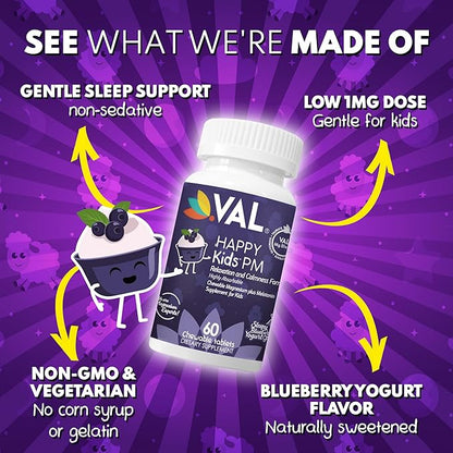 VAL Sugar-Free Calm Magnesium for Kids PM Chewable Tablets | Magnesium Glycinate, Citrate & Taurate | Melatonin & Vitamins B6 & C | Bedtime Support | Non-GMO | Blueberry Yogurt Flavor | 60 Count