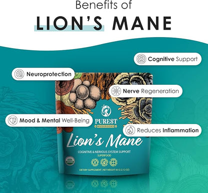 Lion’s Mane Powder - Organic Lions Mane Mushroom Extract for Cognitive & Nervous System Support - Brain Supplements for Memory and Focus 60g