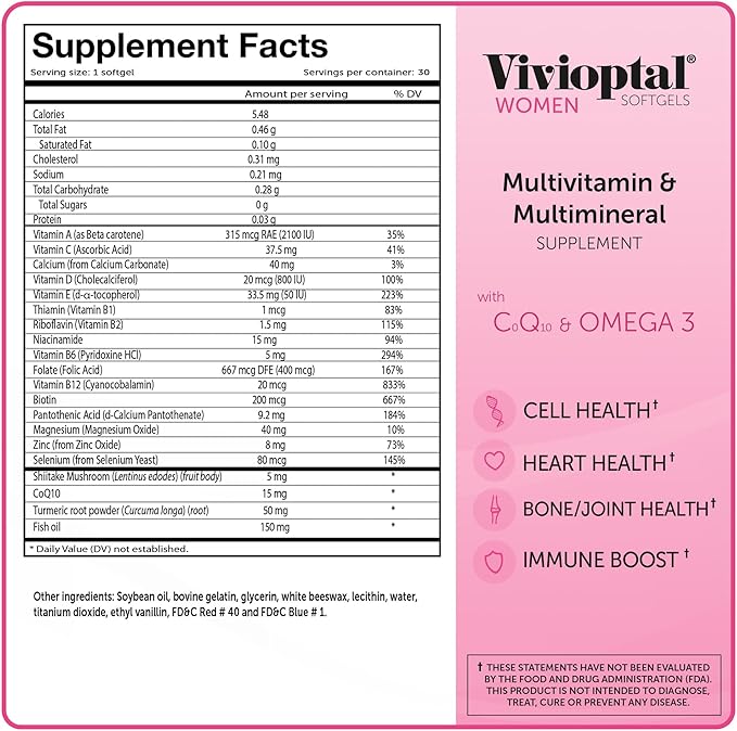 Vivioptal Women, 30 Capsules, CoQ10 & Omega-3, Multivitamin & Multimineral, Gluten Free, German Formula