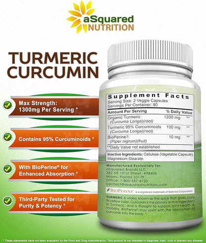 aSquared Nutrition Turmeric Curcumin 1300mg with BioPerine Black Pepper Extract - 180 Capsules - with 95% Curcuminoids, 100% Natural Tumeric Root Powder Supplements, Pure & Joint Stiffness Pills