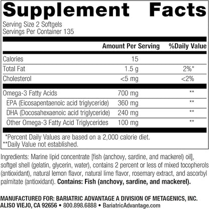 Bariatric Advantage Omega-3 300 EPA DHA Fish Oil Capsules, Concentrated Source of Fatty Acids from Sustainably Sourced Cold Water Fish - Lemon Lime, 270 Softgels