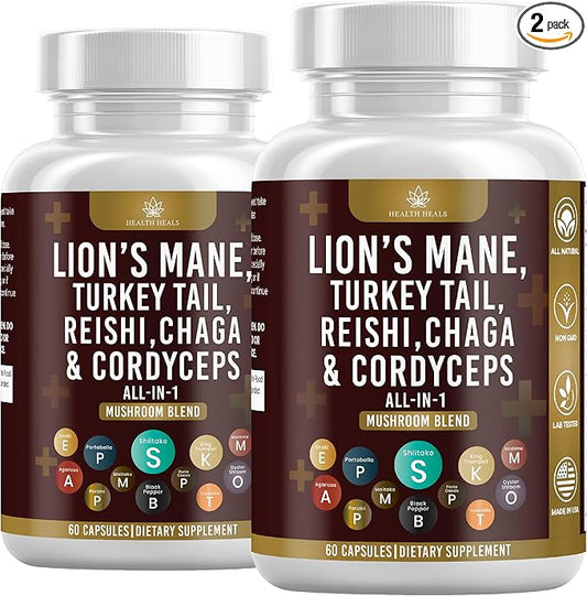 Mushroom Supplement with Lion's Mane Turkey Tail Reishi Cordyceps Chaga Marshmallow Root - 120 Count