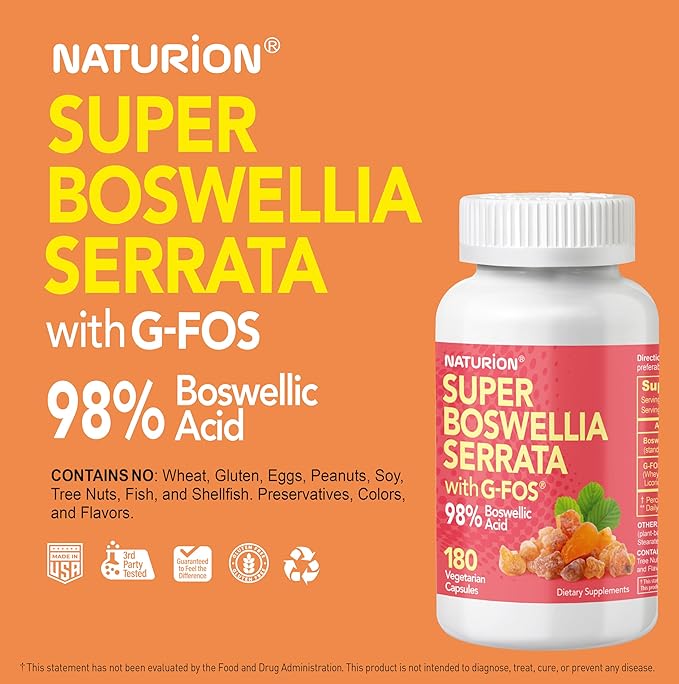Super Boswellia Serrata with G-FOS - 98% Boswellic Acid - Supports Joint & Mobility Health - 180 Vegan Capsules, 180 Day Supply