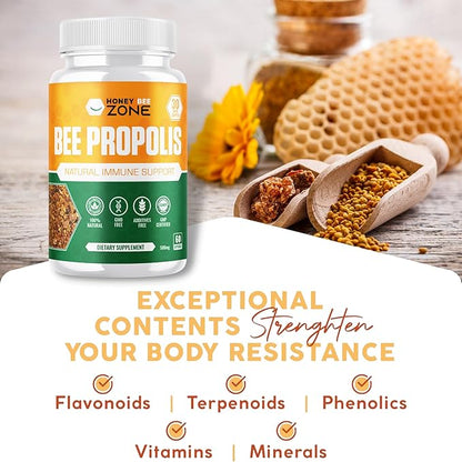 Bee Propolis Capsules – 100% Natural Energy and Immune Support Supplement | Non-GMO, Gluten-Free, 60 Easy-to-Swallow Veggie Capsules