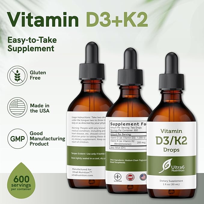 Vitamin D and K2 Drops - Liquid Vitamin D3 with K2 Supplements for Adults - Easy-to-Take, Flavor-Free, Highly Absorbable VIT D3 and K2 Supplements, Made in USA (30 ml)