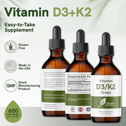Vitamin D and K2 Drops - Liquid Vitamin D3 with K2 Supplements for Adults - Easy-to-Take, Flavor-Free, Highly Absorbable VIT D3 and K2 Supplements, Made in USA (30 ml)