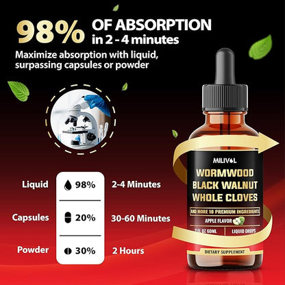 13in1 Wormwood Liquid Drops - 1900mg Black Walnut Wormwood Liquid Extract with Whole Cloves & More - 60 Day Supply - 2 Fl Oz