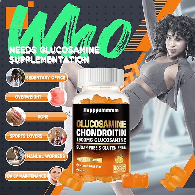 Glucosamine Chondroitin Gummies with MSM & Elderberry Extra Strength - Joint Support, Antioxidant Immune Support Supplement for Adults, Men & Women.90 Orange Gummies
