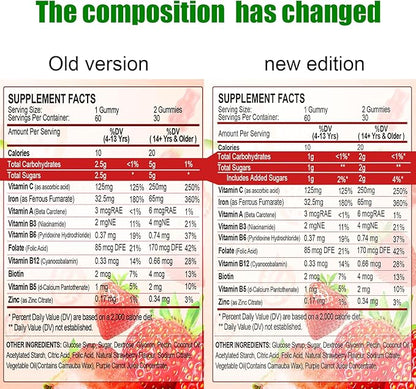 Iron Supplement Gummies, 65mg Iron and 250mg Vitamin C for Women Men Kids, Natural Vegan Iron Gummy with Vitamin A, B-Complex, Biotin, Zinc & Folate Energy Support & Immune Health, 60 Gummies