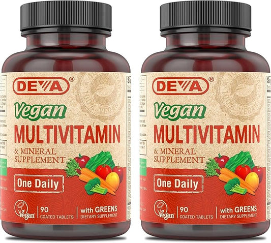 DEVA Vegan Multivitamin & Mineral Supplement with Iron 2-Pack, Spirulina, Chlorella, Ashwagandha, Broccoli & More, 90 Coated Tablets Each