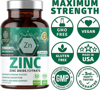 N1N Premium Zinc 50mg [3X Absorption, Vegan] All Natural Zinc Oxide and Citrate Supplement for Immune Support, Skin Health and Better Digestion, 100 Tablets