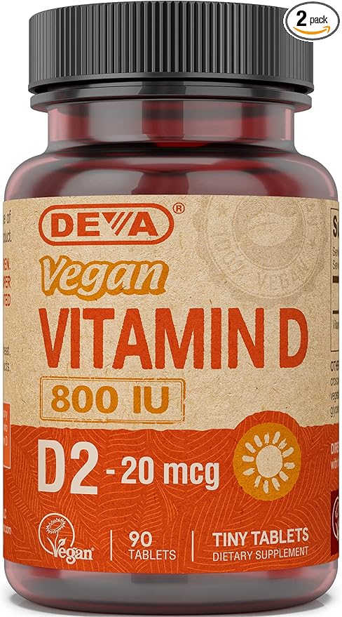 DEVA Vegan Vitamin D2 800 IU, Ergocalciferol Supplement with No Animal Ingredients, 90 Tablets (Pack of 2)