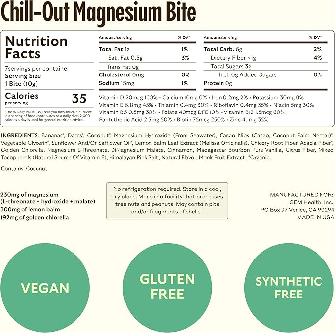 GEM Chill-Out Magnesium Bite and Natural Deep Sleep Aid Nighttime Bite | 8 x 7-Bite Pack | 20+ Whole-Food Vitamins & Minerals