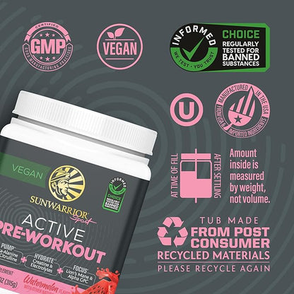 Sunwarrior Pre Workout Powder Energy Drink | Vegan Plant-Based Supplement | Pump, Hydrate, Focus, Endurance, & Strength Builder | Watermelon Flavored 30 Servings | Active Preworkout