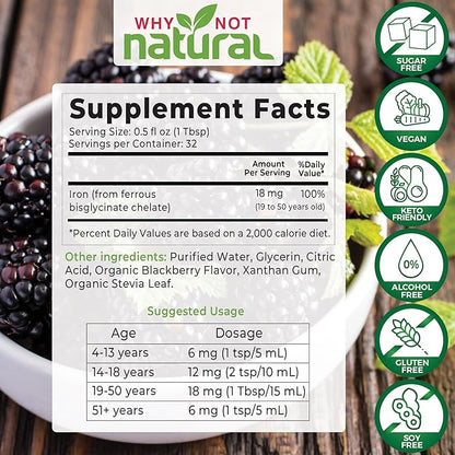Why Not Natural Liquid Iron Supplement for Women, Men and Kids, Vegan Formulation for Anemia, Sugar Free, Vegan, Non-GMO, Organic BlackBerry Flavor 16 Fl Oz