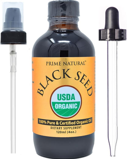Prime Natural Organic Black Seed Oil 4oz - Cold Pressed Unrefined High Thymoquinone 1.7% USDA Certified - Turkish Origin Potent Nigella Sativa Liquid - Vegan Omega 3 6 9, Antioxidant
