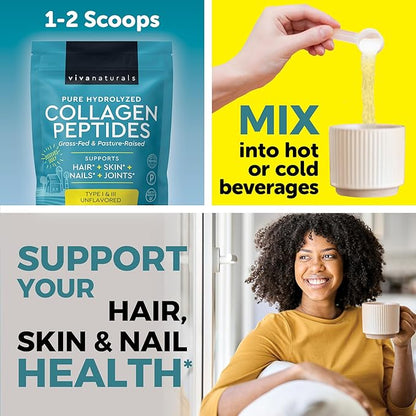 Hydrolyzed Collagen Peptides Powder - 1 lb Grass-Fed & Pasture-Raised Collagen for Women, Type I & III Unflavored Bovine Collagen Powder for Men, Collagen Protein Powder For Hair, Skin, & Nails