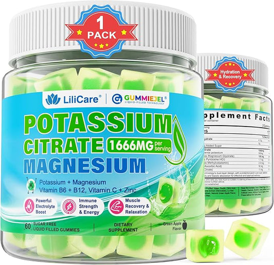 Potassium Citrate Gummies 1666mg for Adults - Potassium Supplement, Magnesium Glycinate, Zinc, B6, B12 & C – Electrolyte Gummies for Energy, Muscle Recovery & Leg Cramps, Sugar-Free, Vegan 60 Cts